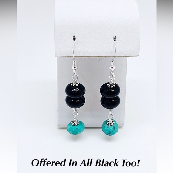 Unisex Turquoise & Black Onyx Bracelet & Earrings, Sterling Silver, NWT, 6.5”-9” - Picture 7 of 9